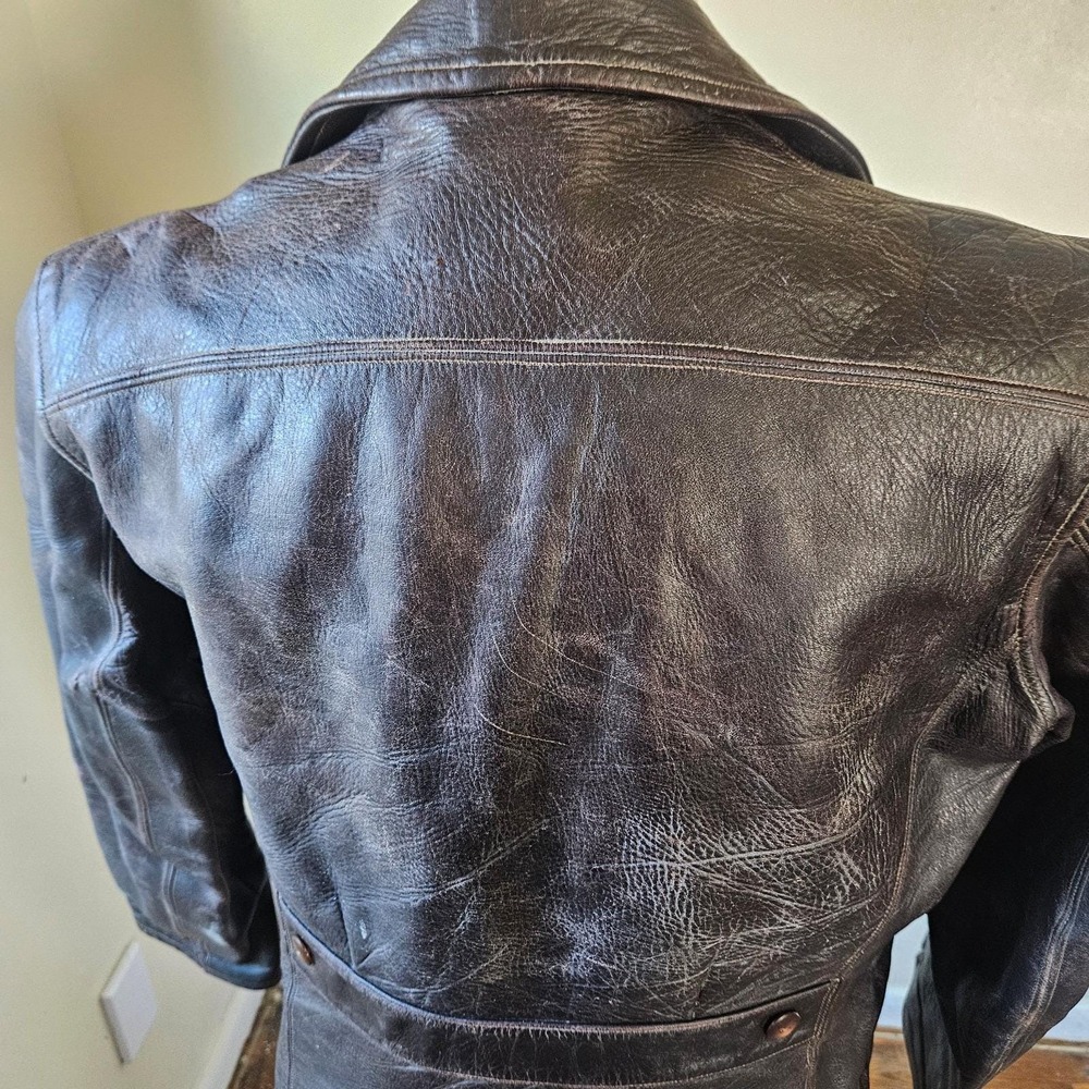 Vintage Penneys‎ Towncraft Leather Car Coat Brown 50s 60s Talon Zip Distressed - Picture 12 of 16